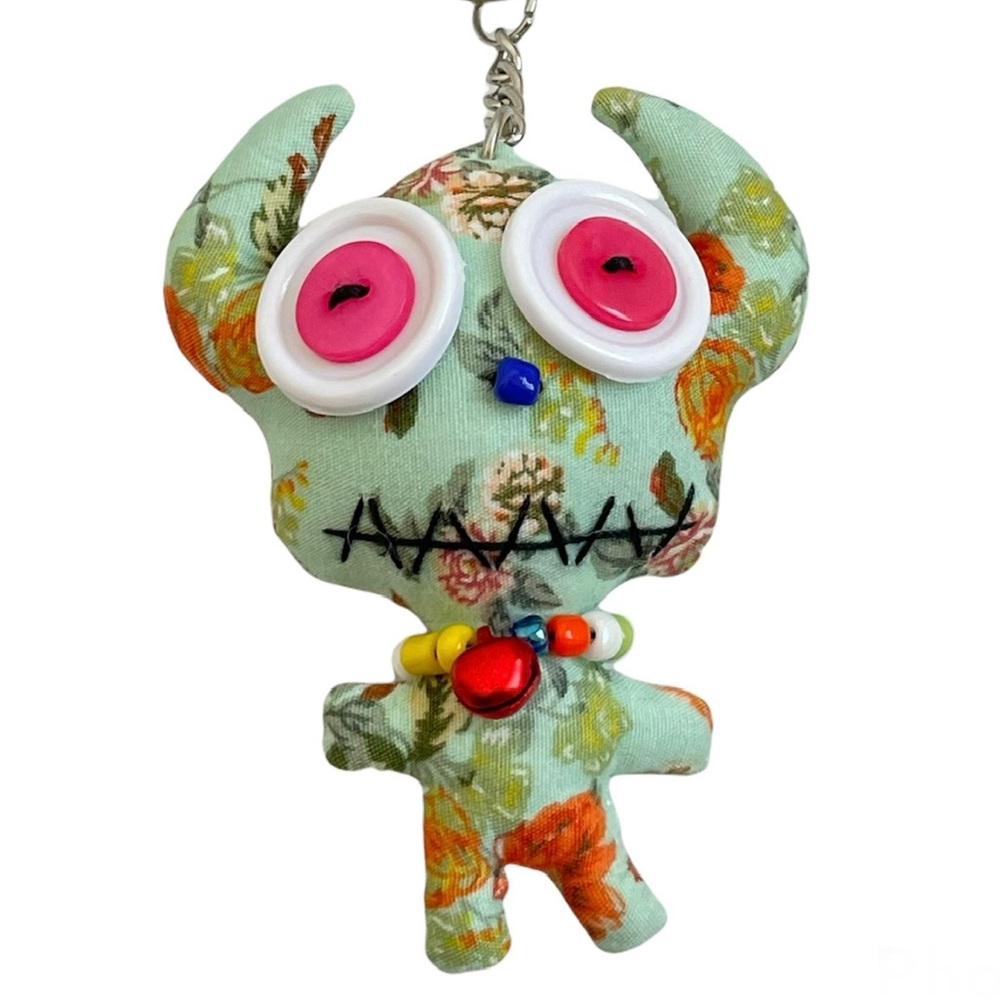 🌀 Handmade Vintage Floral Print Horned Monster Keychain Purse Charm